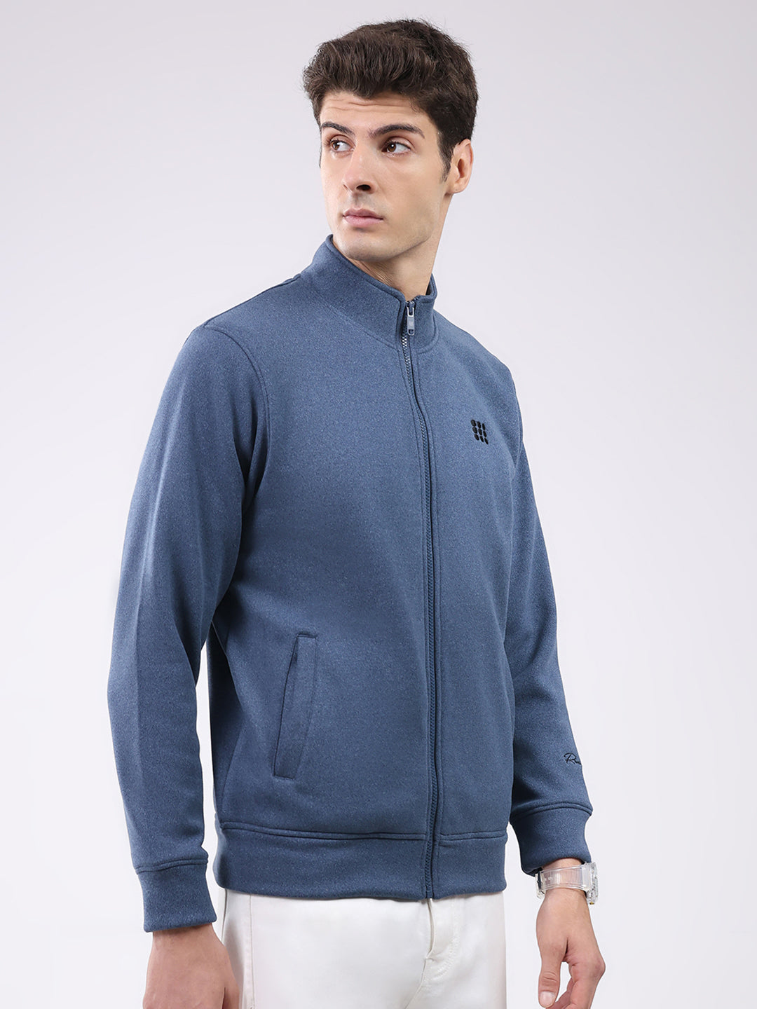 Rock.it Men Blue Solid Mock Neck Full Sleeve Sweatshirt