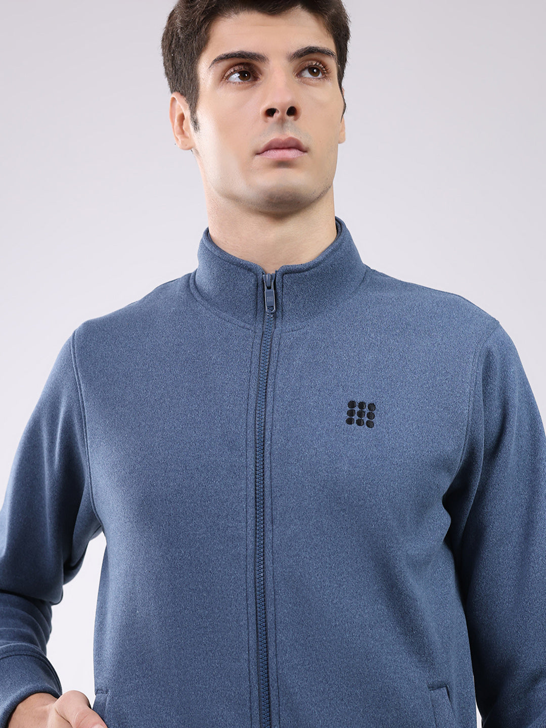 Rock.it Men Blue Solid Mock Neck Full Sleeve Sweatshirt