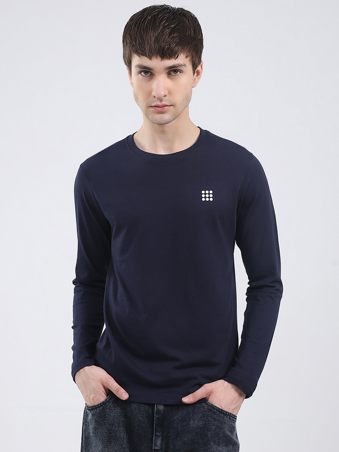 Rock.it Men Navy Blue Solid Round Neck Full Sleeve Winter T-Shirt