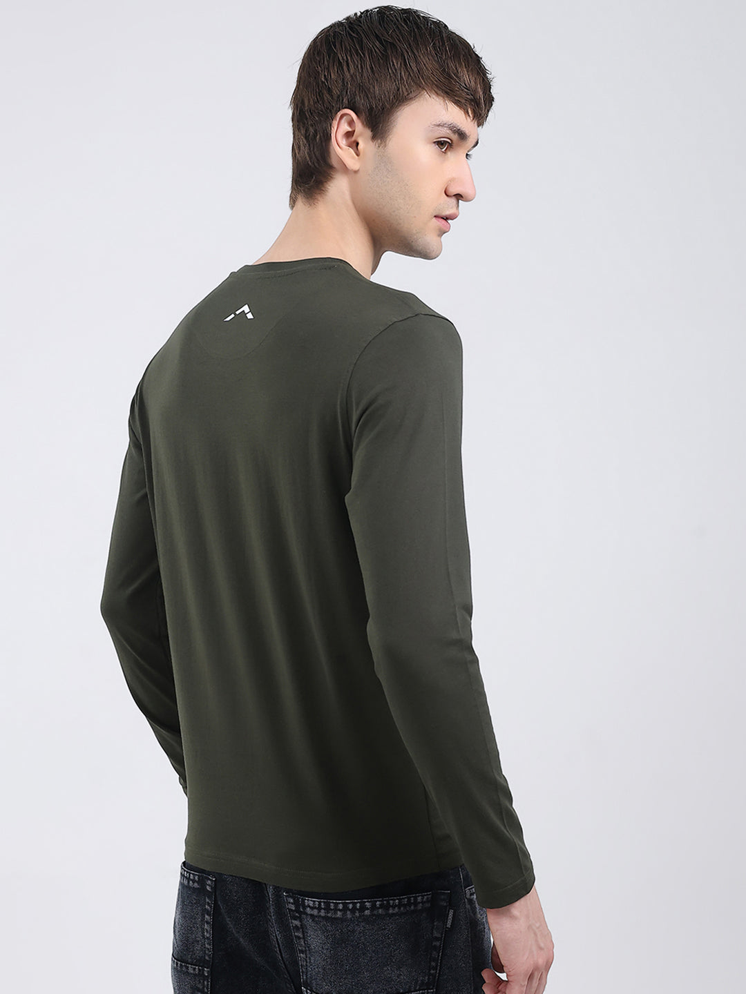 Rock.it Men Olive Solid Round Neck Full Sleeve Winter T-Shirt