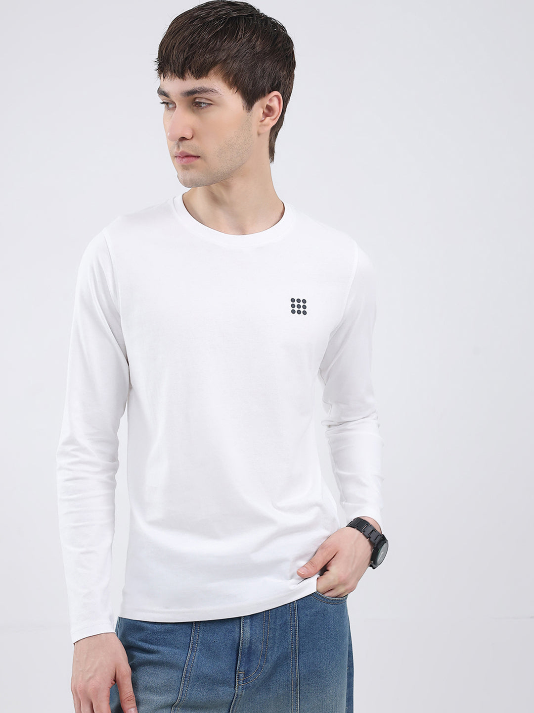 Rock.it Men White Solid Round Neck Full Sleeve Winter T-Shirt