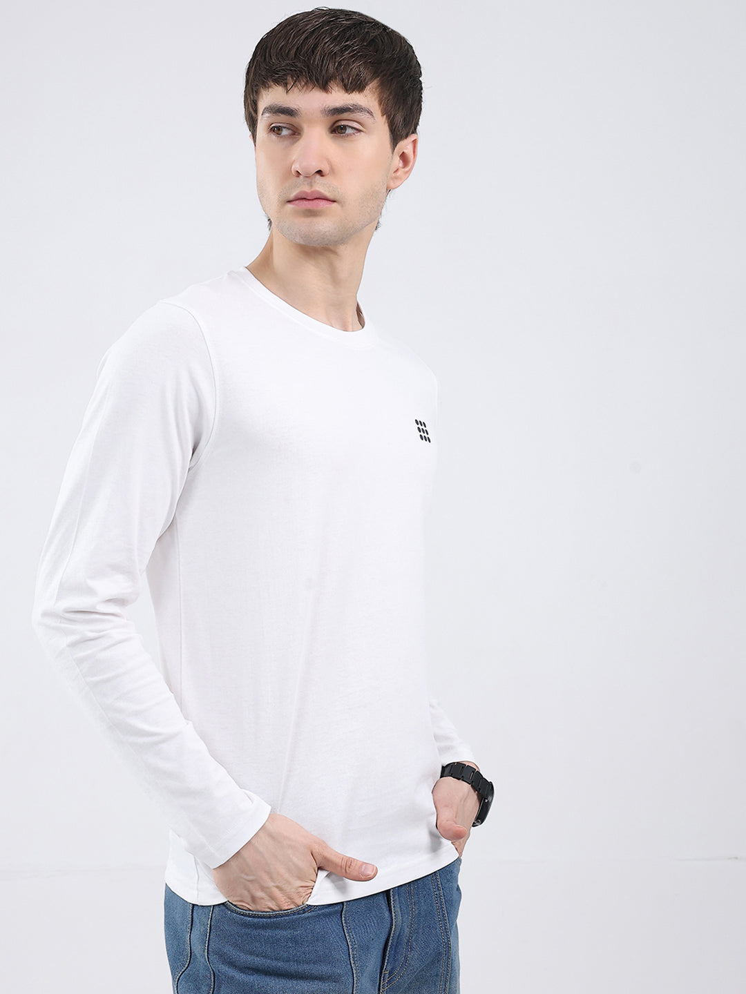 Rock.it Men White Solid Round Neck Full Sleeve Winter T-Shirt