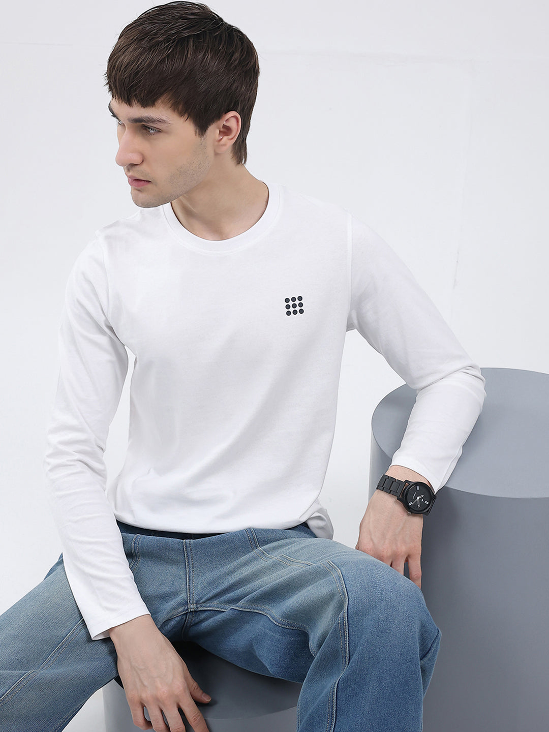 Rock.it Men White Solid Round Neck Full Sleeve Winter T-Shirt