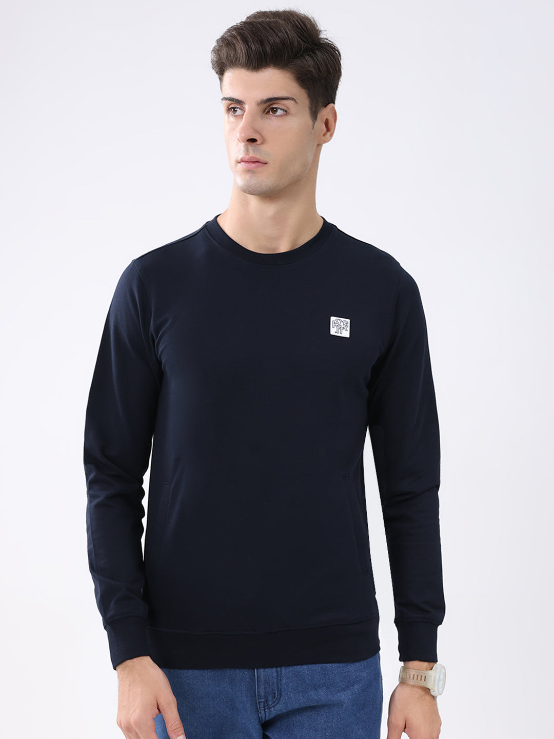 Rock.it Men Navy Blue Solid Round Neck Full Sleeve Sweatshirt
