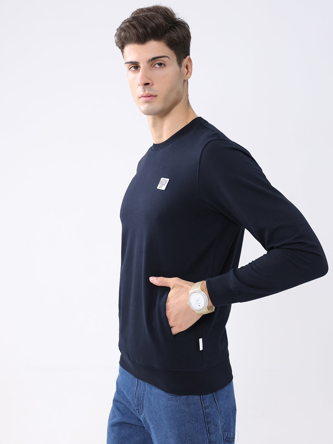 Rock.it Men Navy Blue Solid Round Neck Full Sleeve Sweatshirt