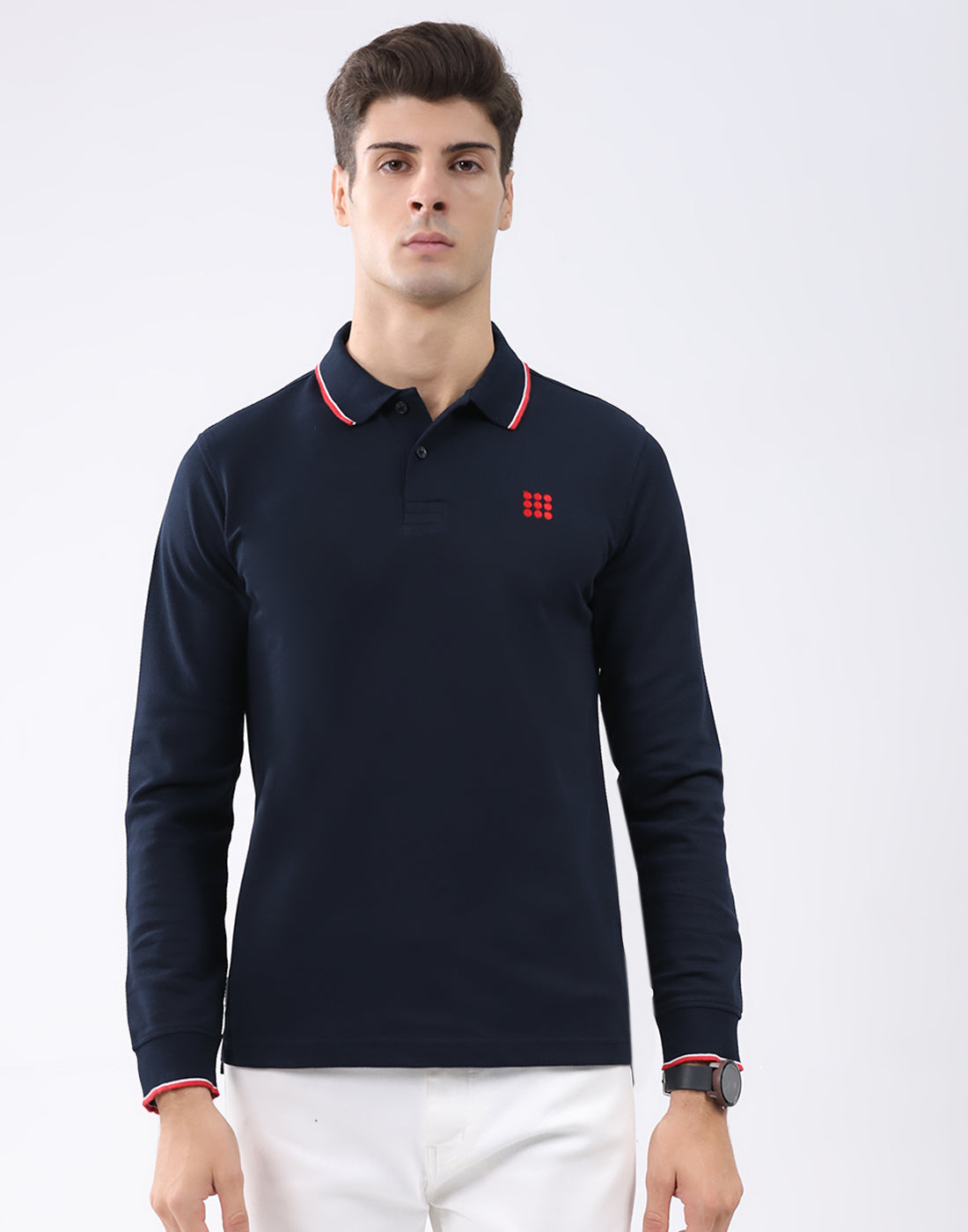 Rock.it Men Navy Blue Self Design Collar Full Sleeve T-Shirt