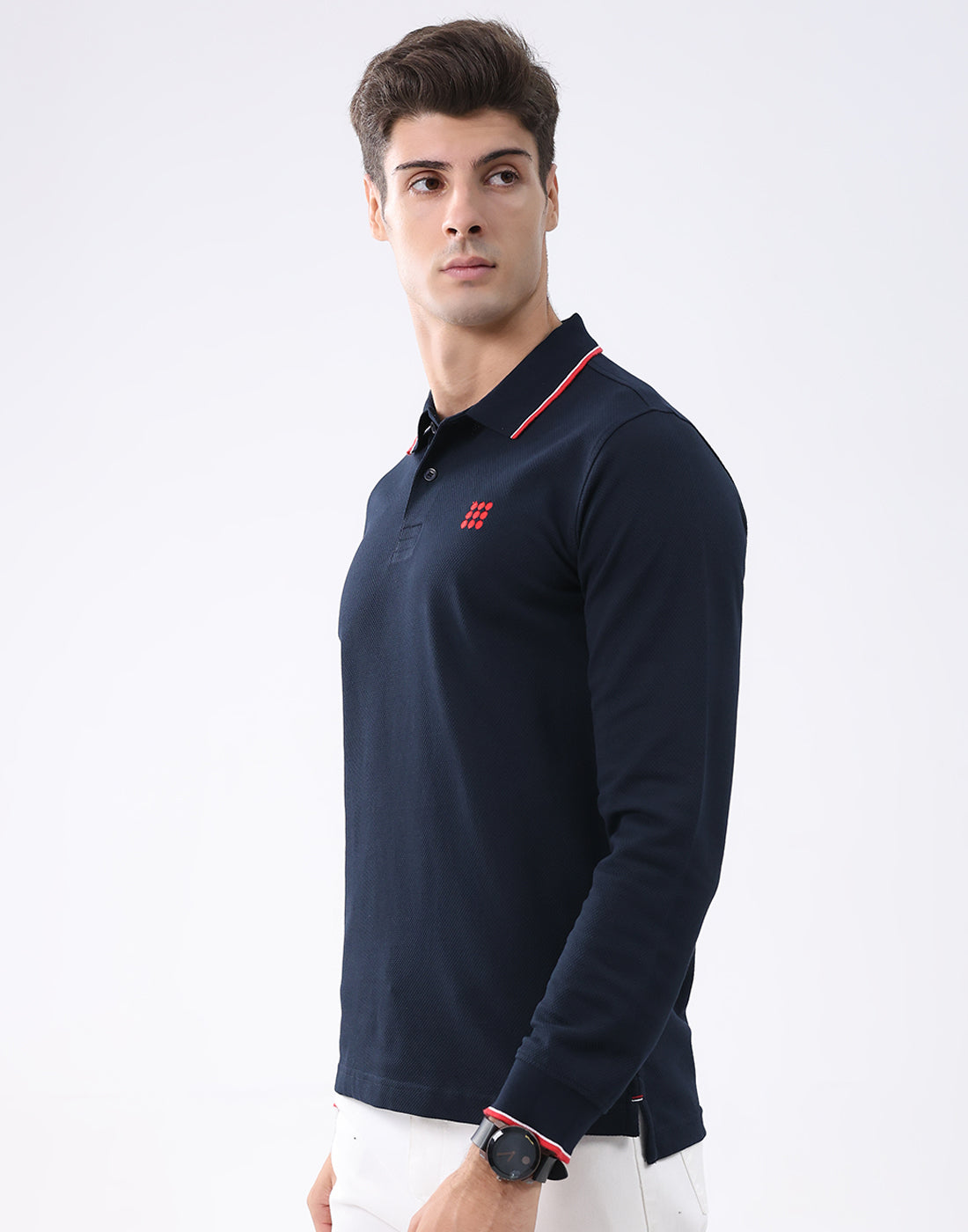 Rock.it Men Navy Blue Self Design Collar Full Sleeve T-Shirt
