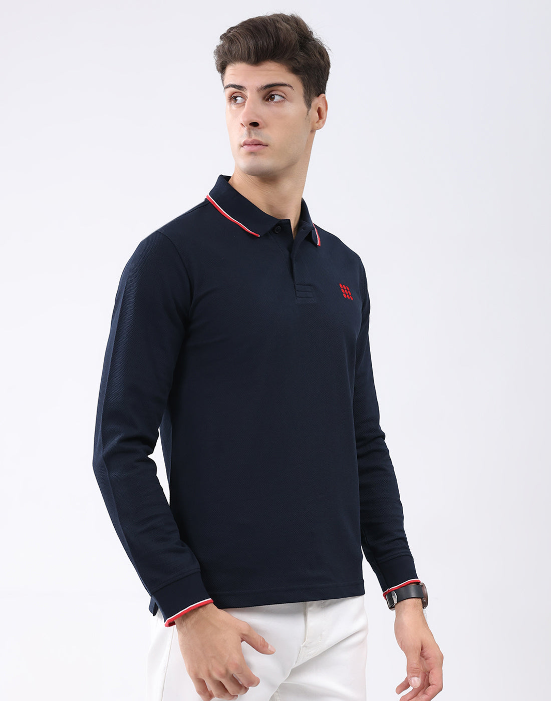 Rock.it Men Navy Blue Self Design Collar Full Sleeve T-Shirt