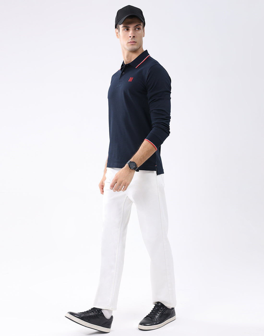 Rock.it Men Navy Blue Self Design Collar Full Sleeve T-Shirt