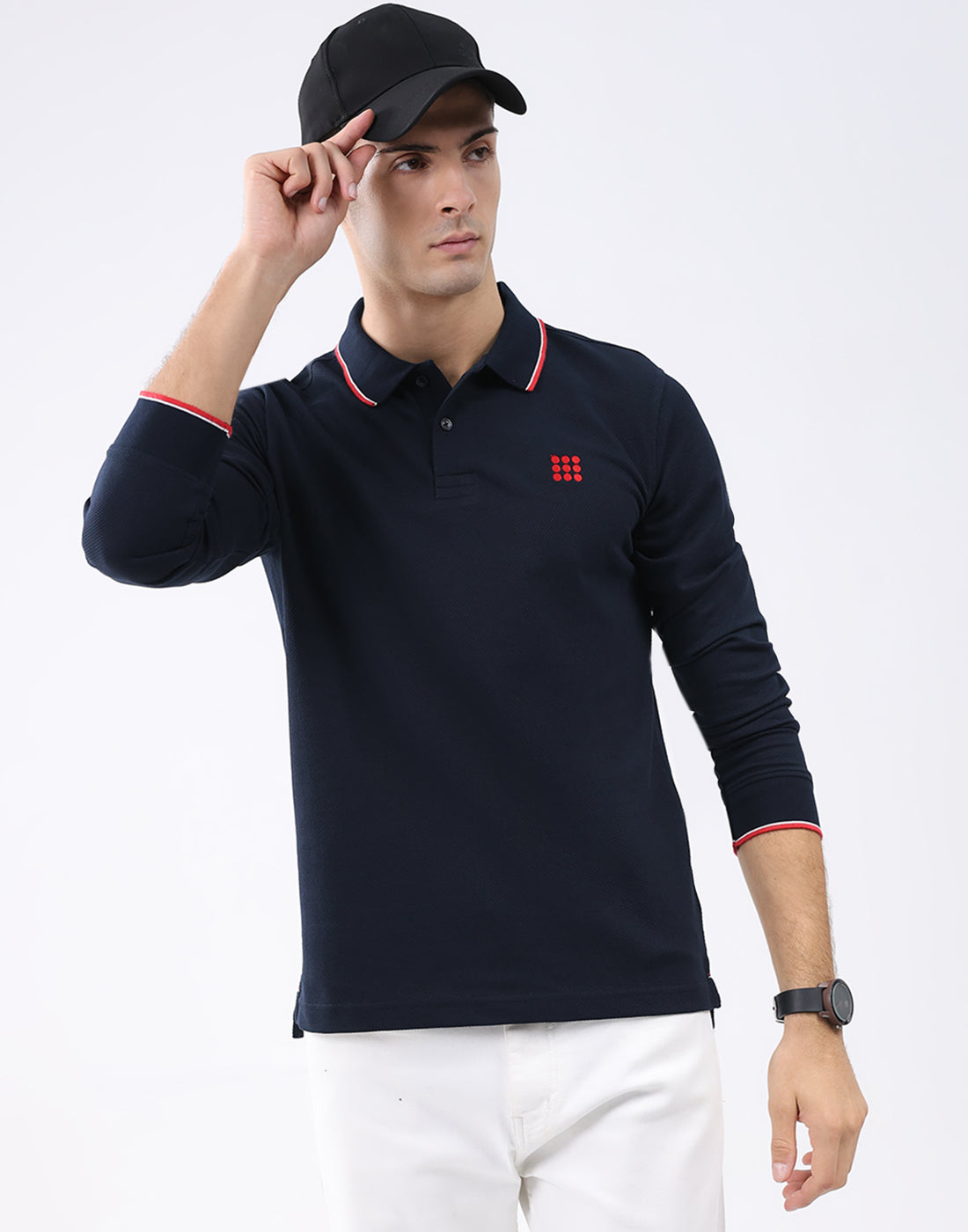 Rock.it Men Navy Blue Self Design Collar Full Sleeve T-Shirt