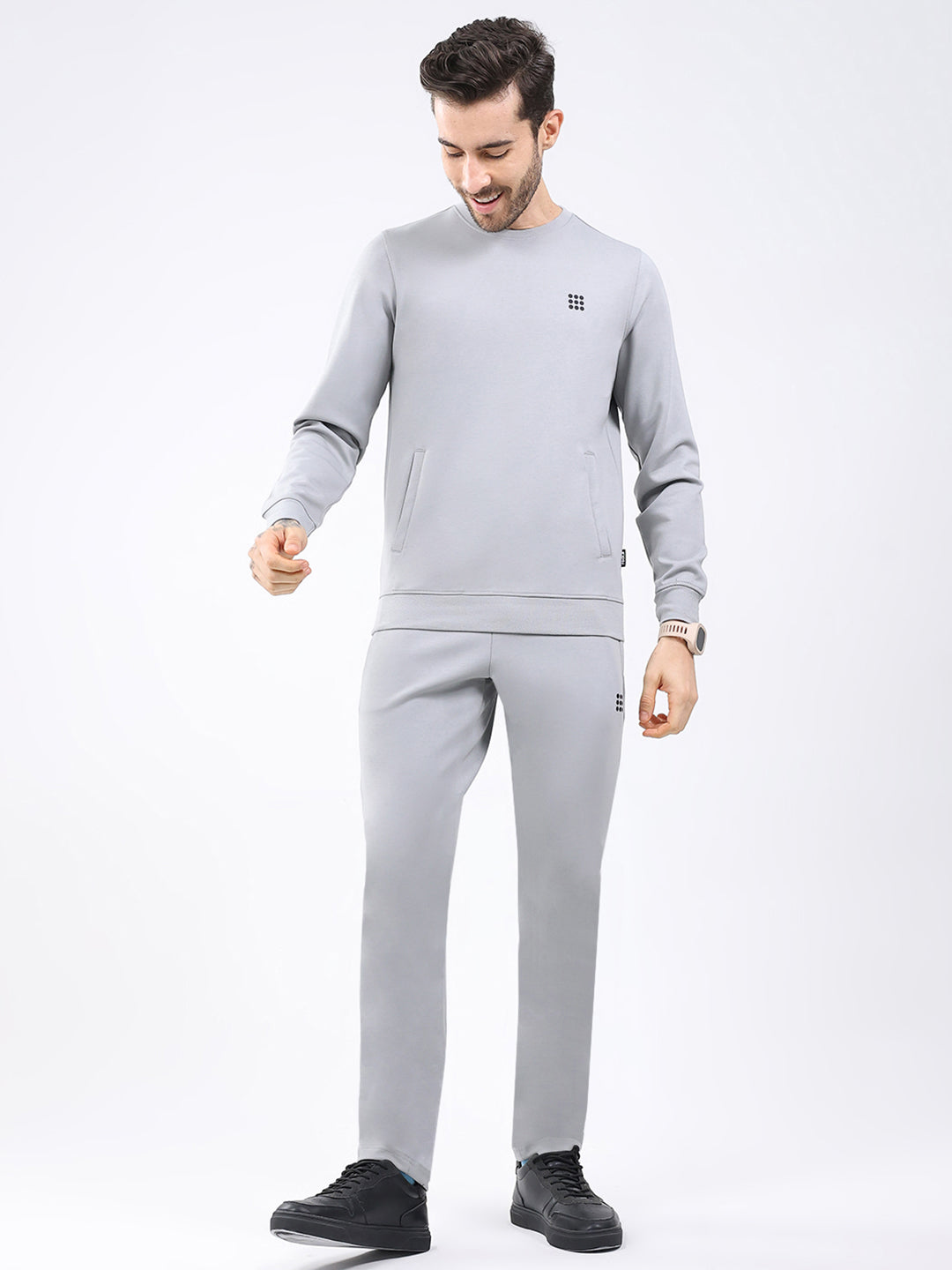 Rock.it Men Grey Solid Round Neck Full Sleeve Winter Tracksuit