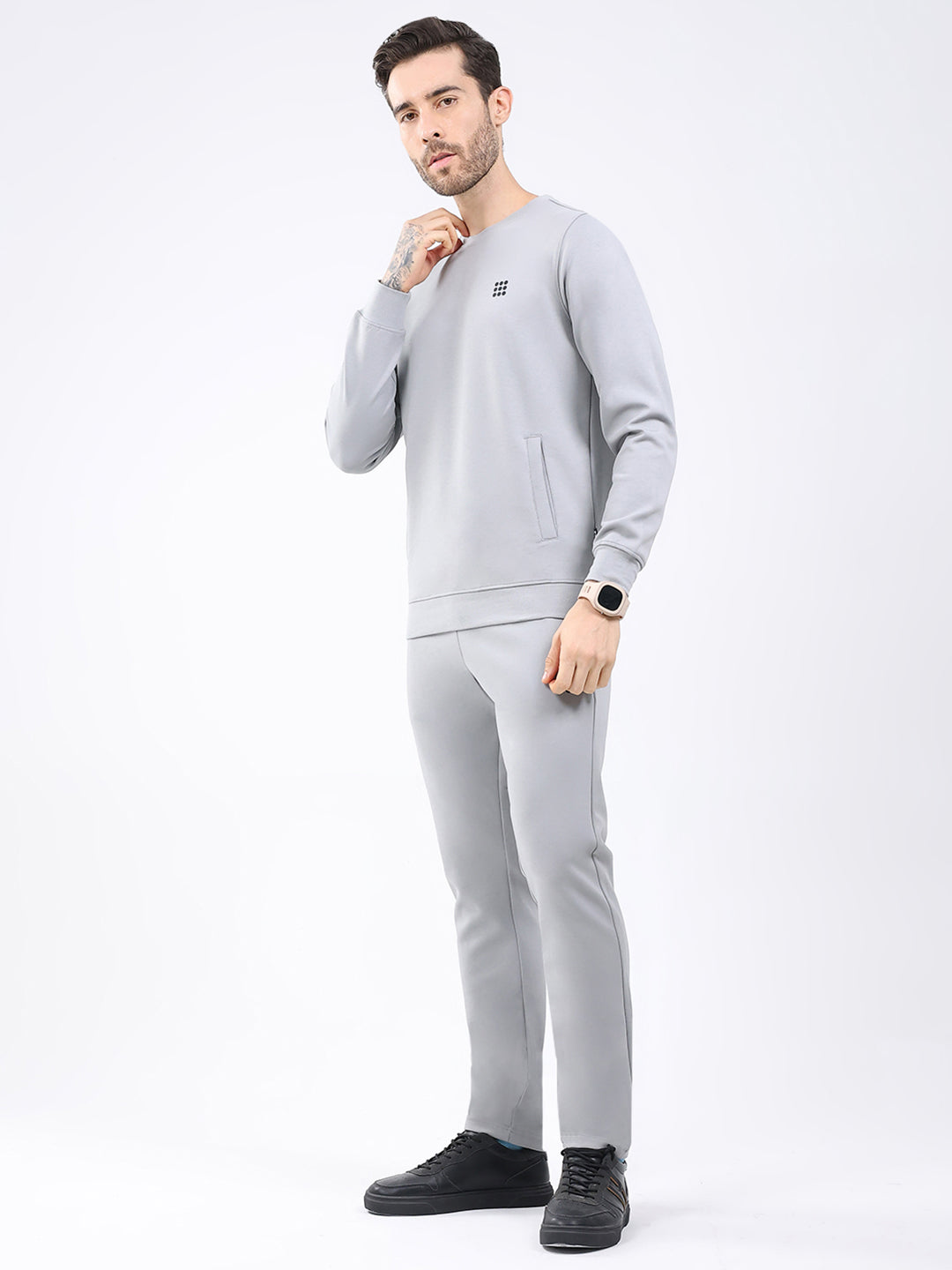 Rock.it Men Grey Solid Round Neck Full Sleeve Winter Tracksuit
