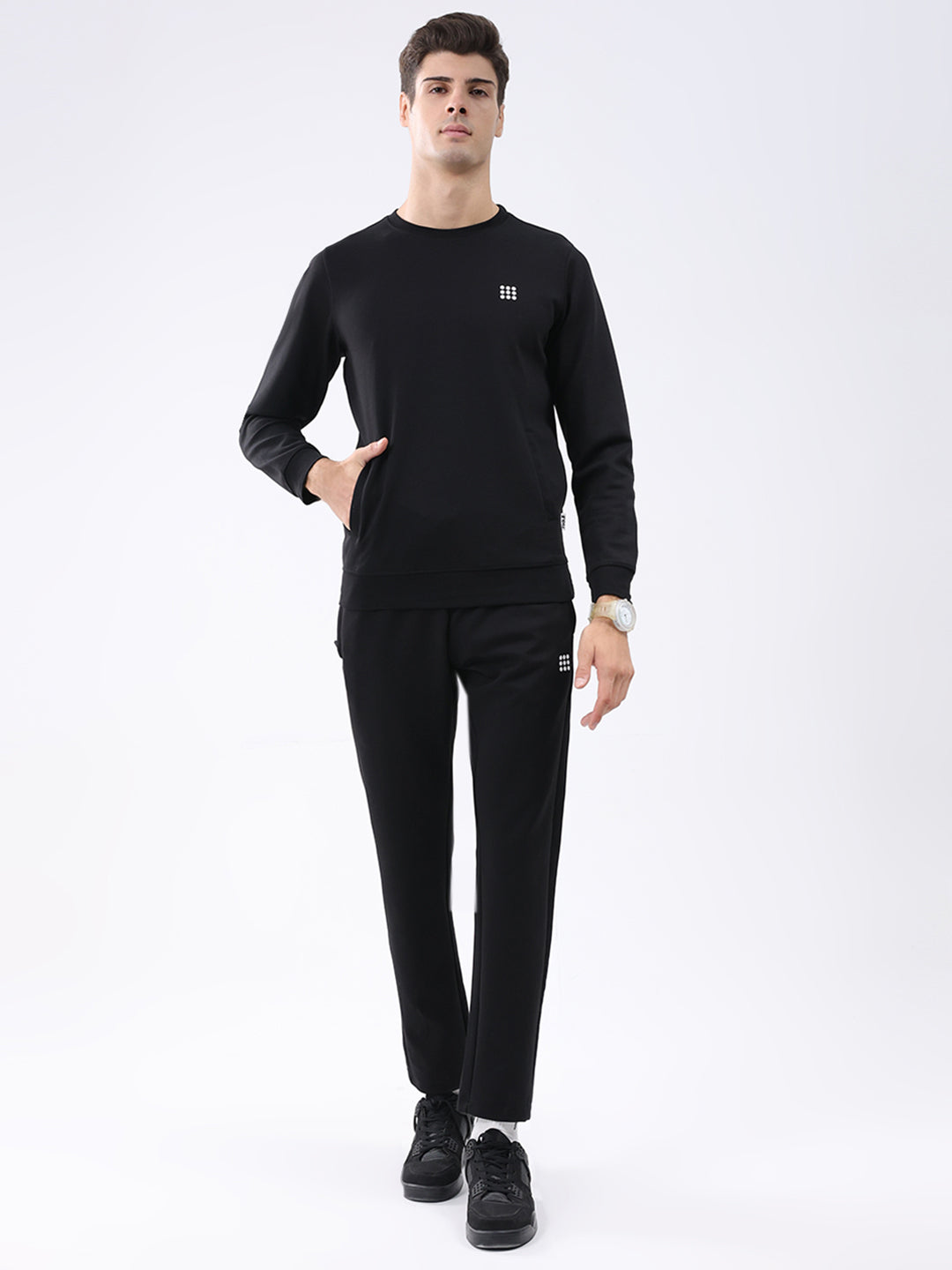Rock.it Men Black Solid Round Neck Full Sleeve Winter Tracksuit