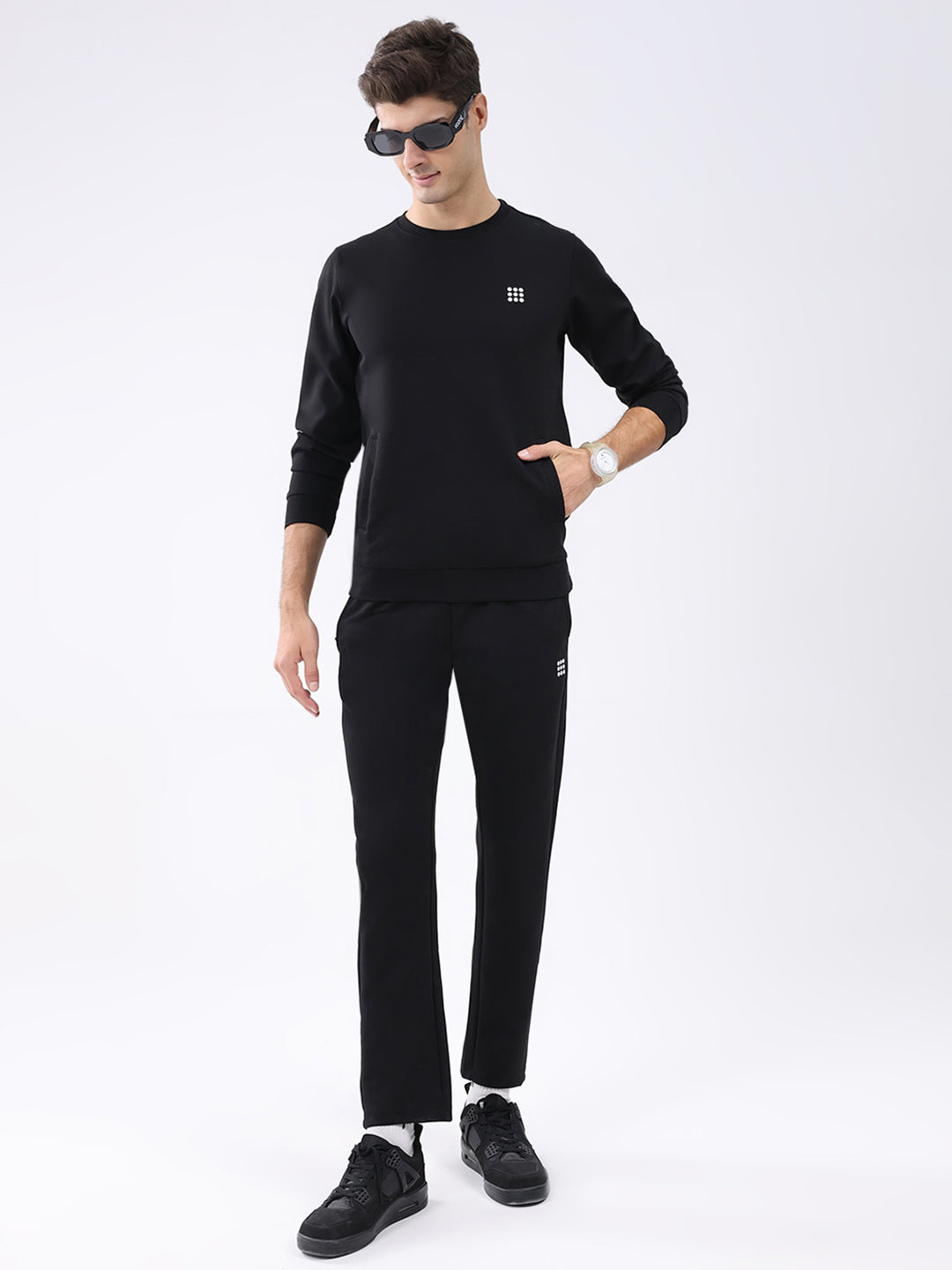 Rock.it Men Black Solid Round Neck Full Sleeve Winter Tracksuit