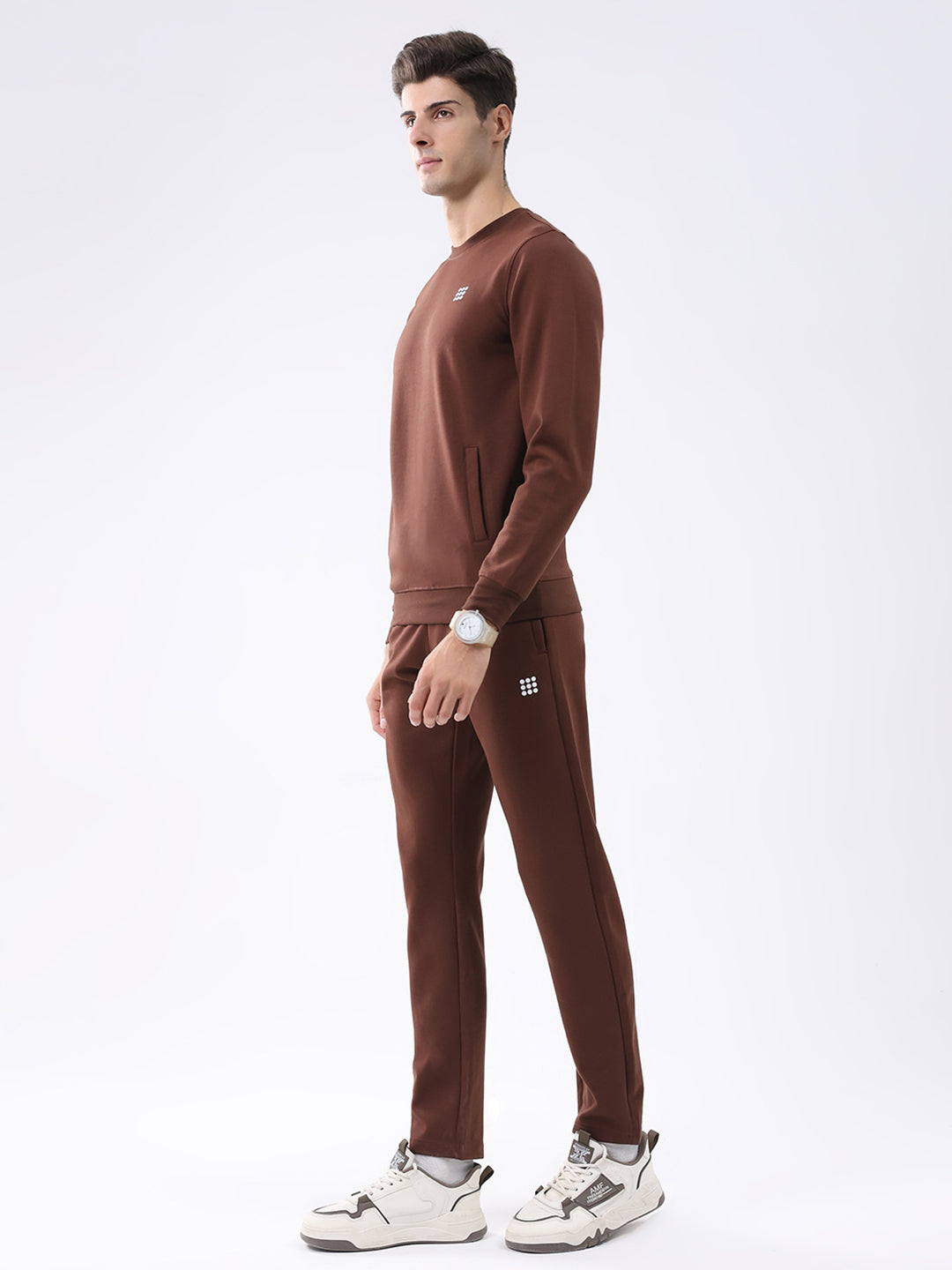 Rock.it Men Brown Solid Round Neck Full Sleeve Winter Tracksuit