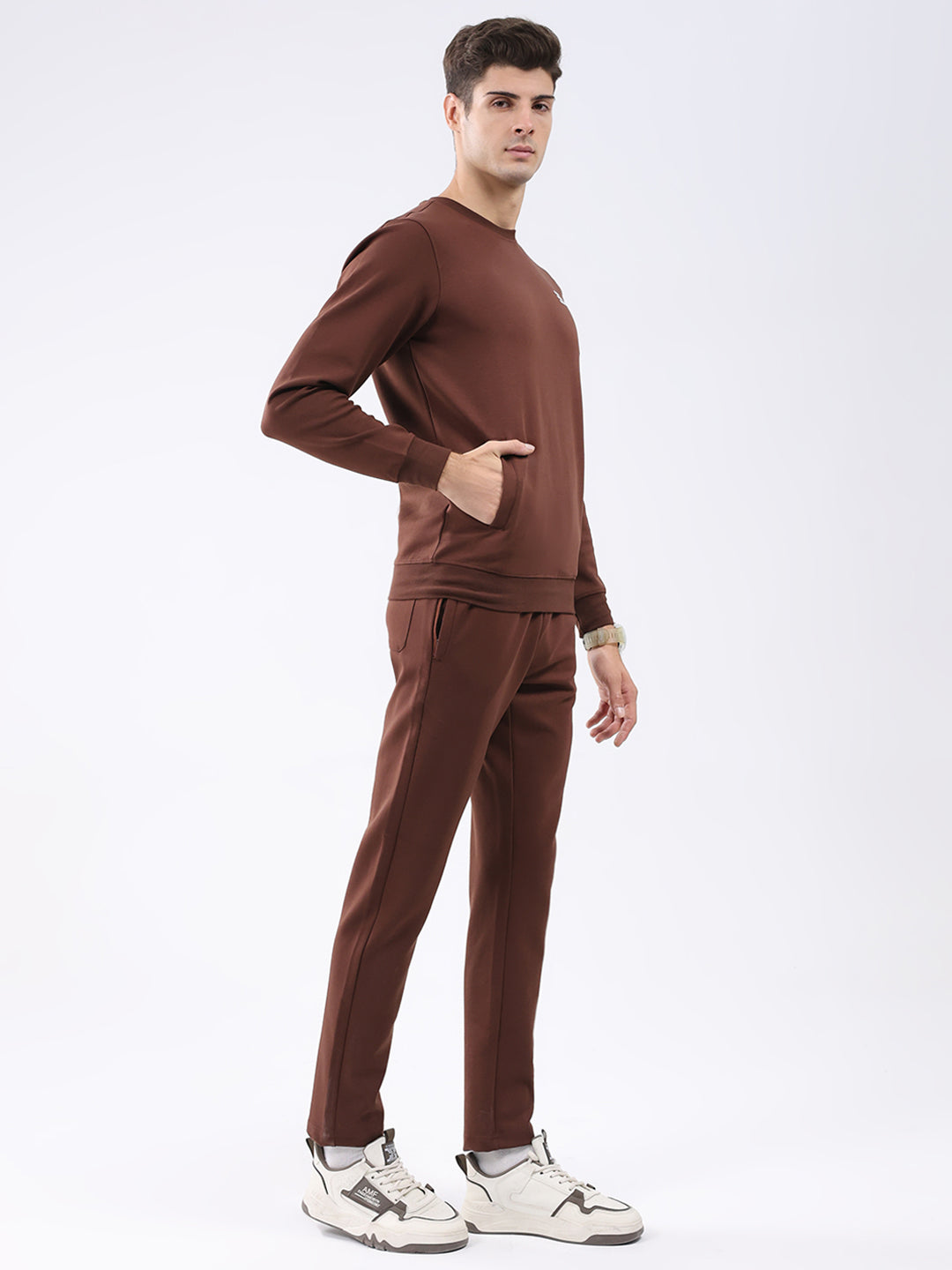 Rock.it Men Brown Solid Round Neck Full Sleeve Winter Tracksuit