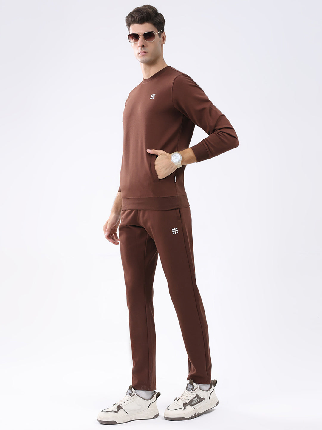Rock.it Men Brown Solid Round Neck Full Sleeve Winter Tracksuit