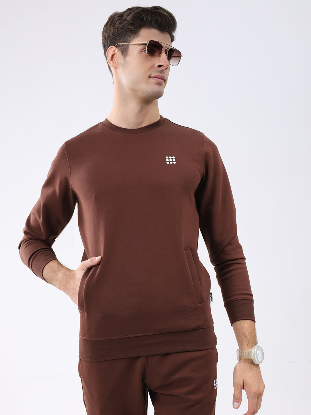 Rock.it Men Brown Solid Round Neck Full Sleeve Winter Tracksuit
