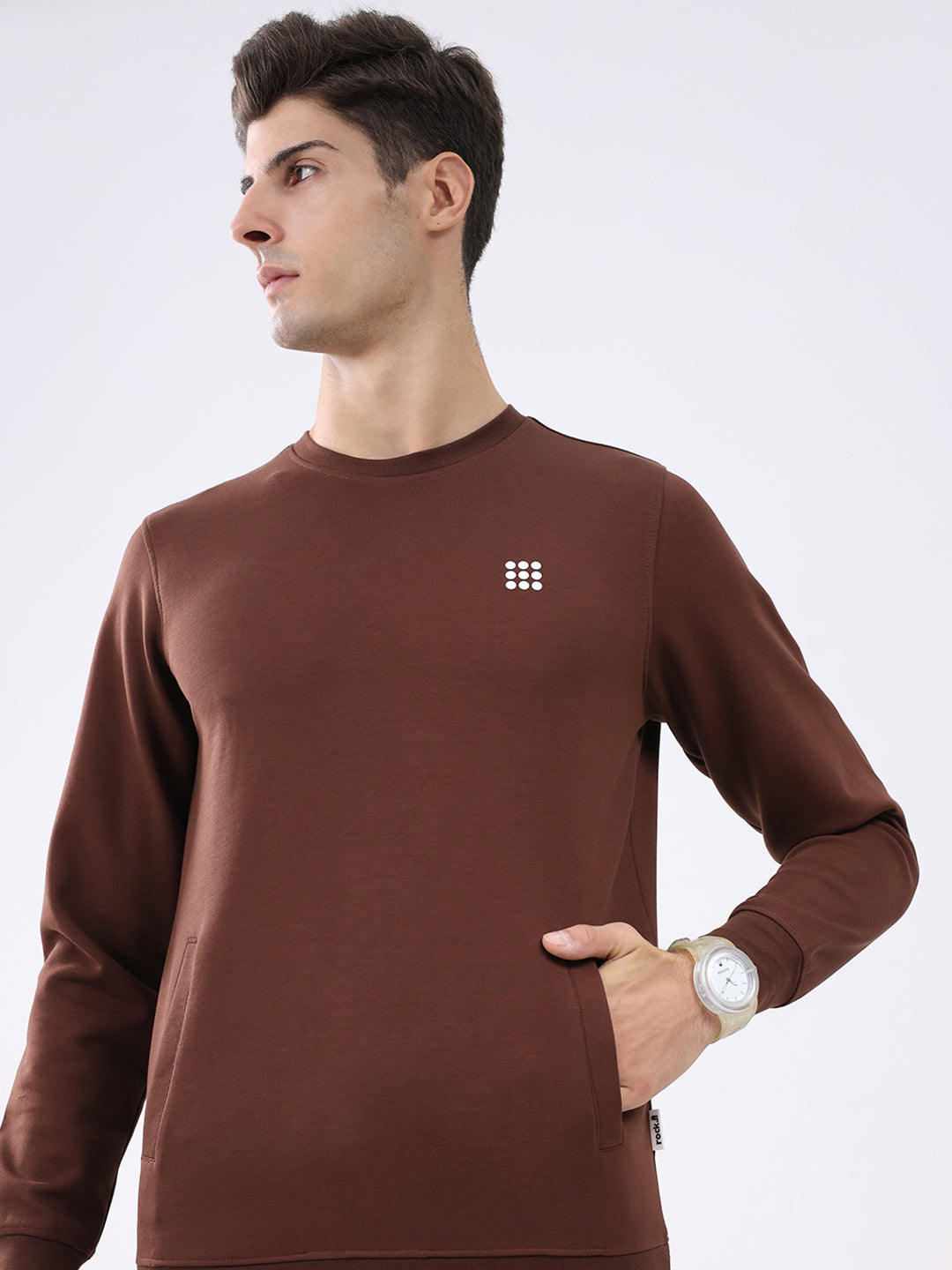 Rock.it Men Brown Solid Round Neck Full Sleeve Winter Tracksuit