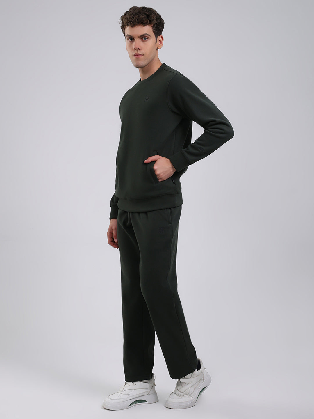 Rock.it Men Olive Solid Round Neck Full Sleeve Winter Tracksuit