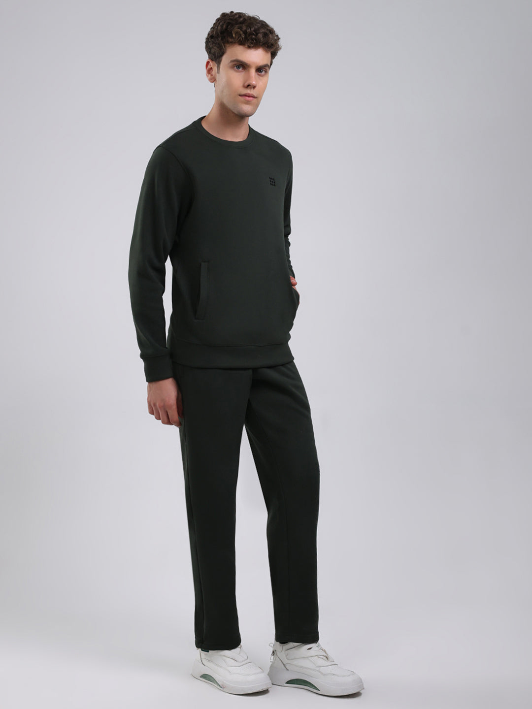 Rock.it Men Olive Solid Round Neck Full Sleeve Winter Tracksuit