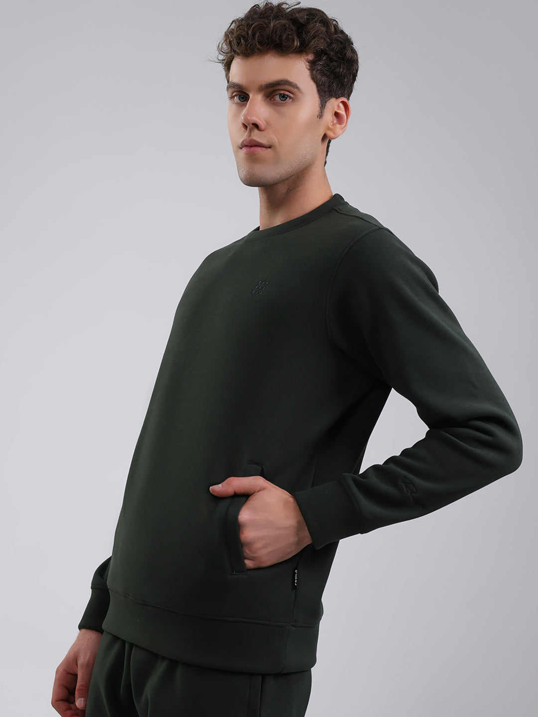 Rock.it Men Olive Solid Round Neck Full Sleeve Winter Tracksuit