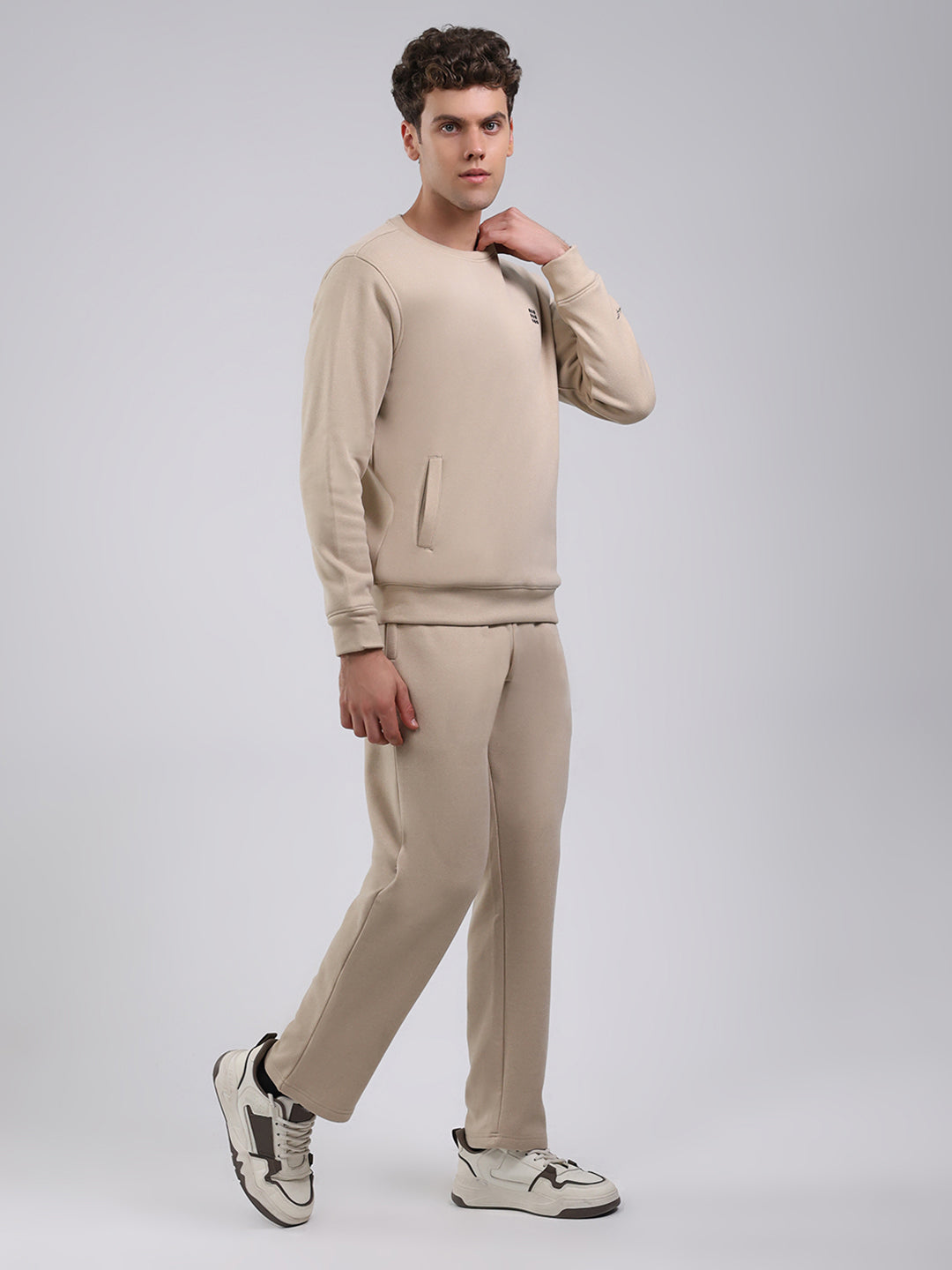 Rock.it Men Beige Solid Round Neck Full Sleeve Winter Tracksuit