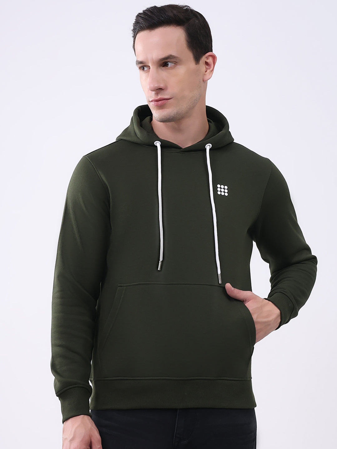 Rock.it Men Olive Solid Hooded Full Sleeve Sweatshirt