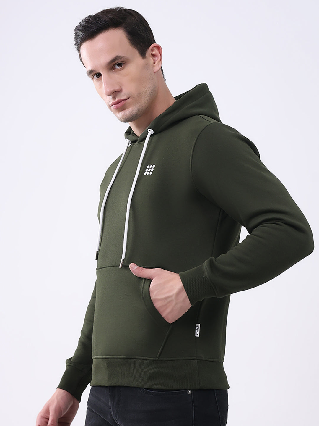 Rock.it Men Olive Solid Hooded Full Sleeve Sweatshirt