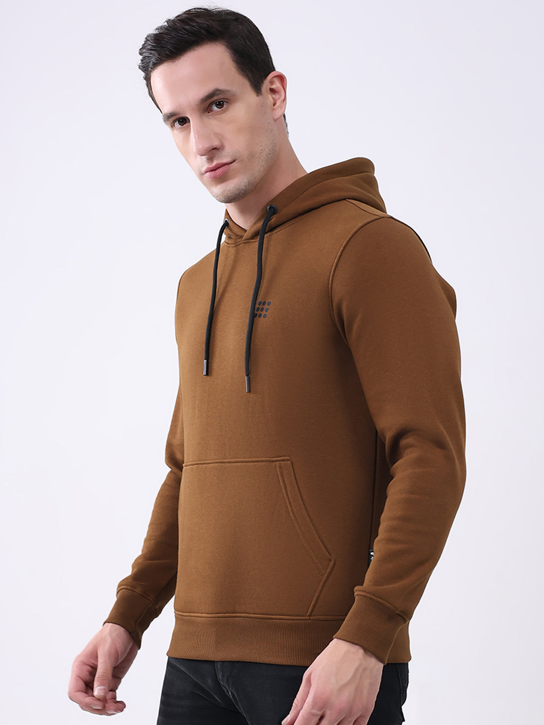 Rock.it Men Brown Solid Hooded Full Sleeve Sweatshirt