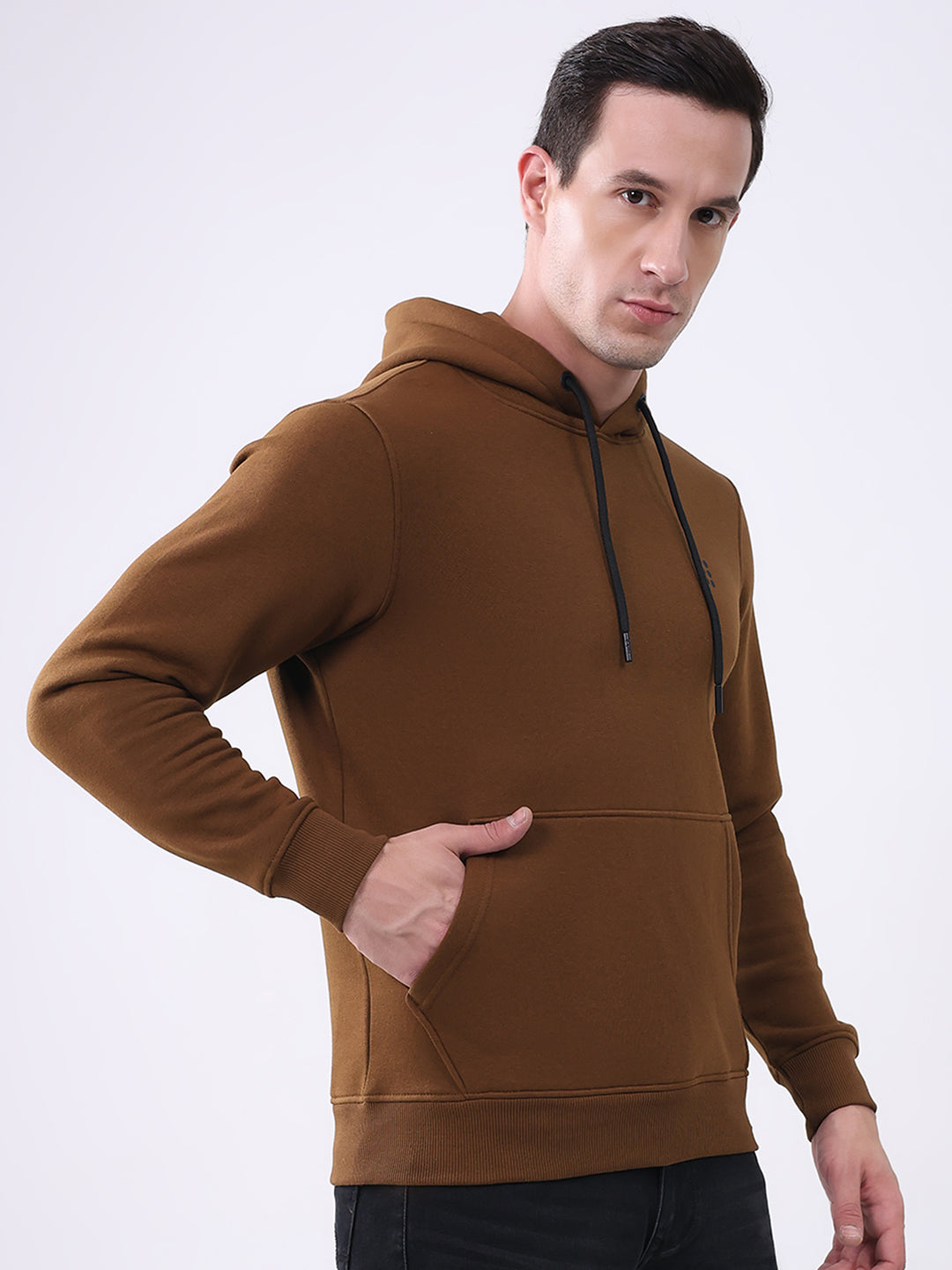 Rock.it Men Brown Solid Hooded Full Sleeve Sweatshirt