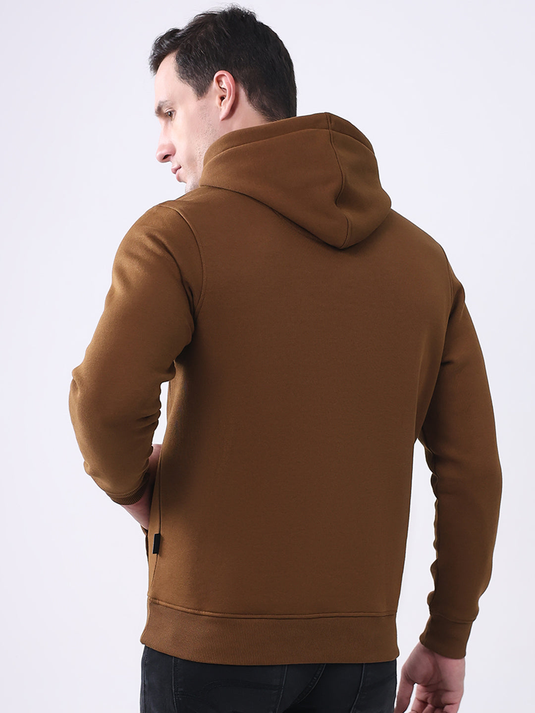 Rock.it Men Brown Solid Hooded Full Sleeve Sweatshirt