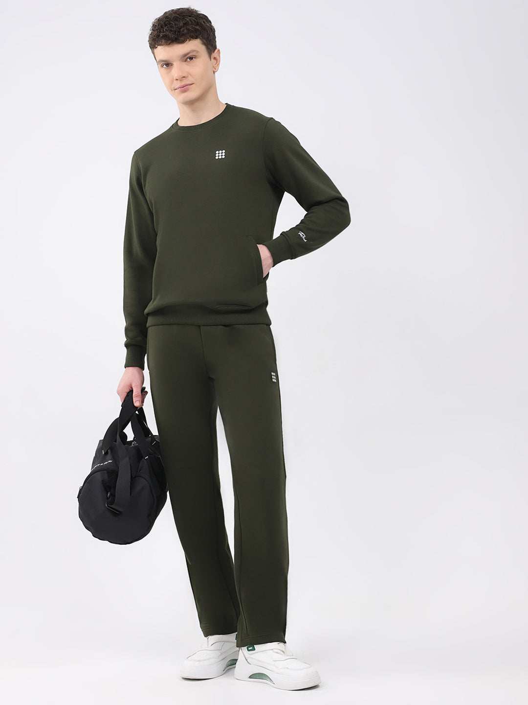 Rock.it Men Olive Solid Round Neck Sleeveless Winter Tracksuit
