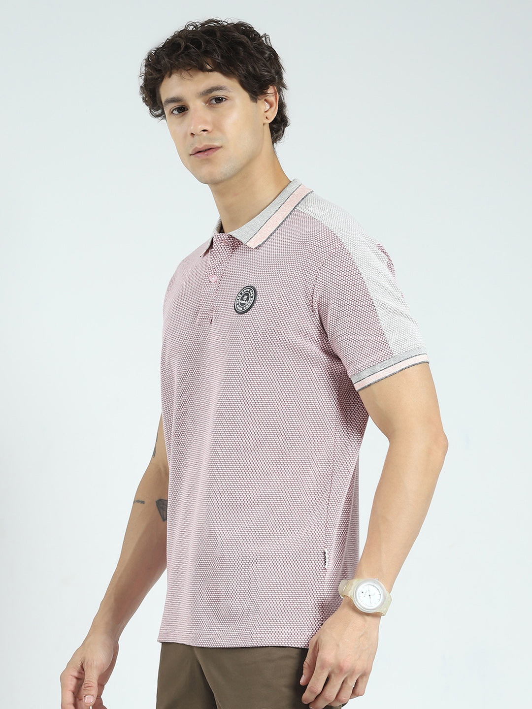 Rock.it Men Pink Self Design Collar Half Sleeve T-Shirt