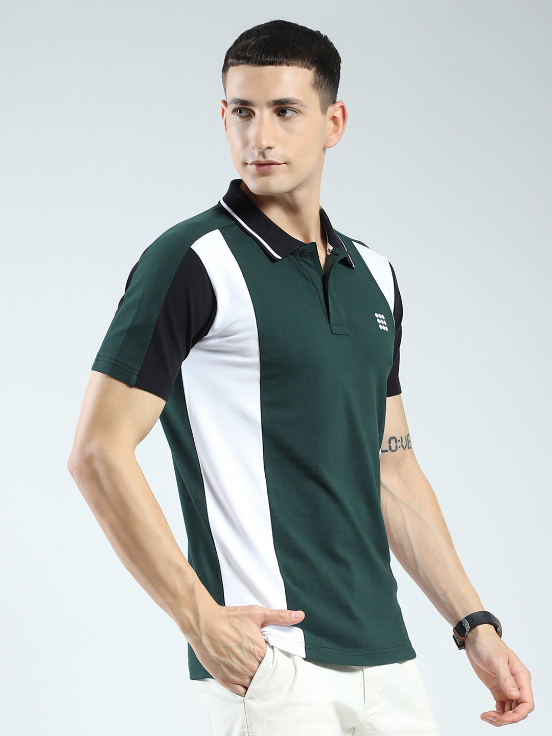 Rock.it Men Green Stripe Collar Half Sleeve T-Shirt