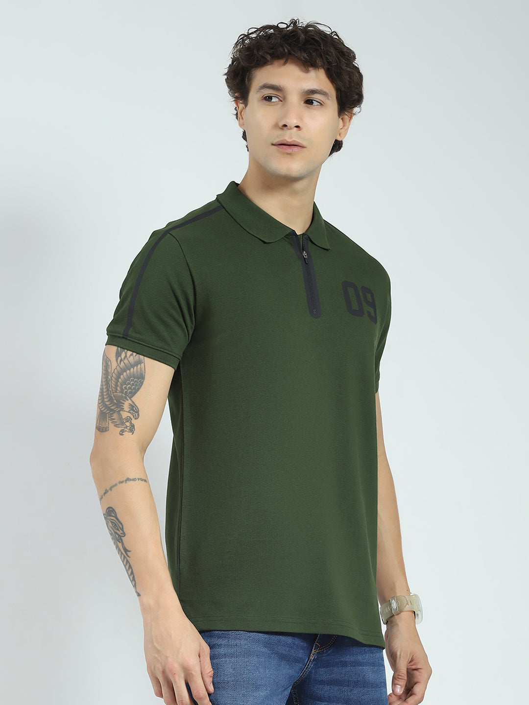 Rock.it Men Olive Printed Collar Half Sleeve T-Shirt