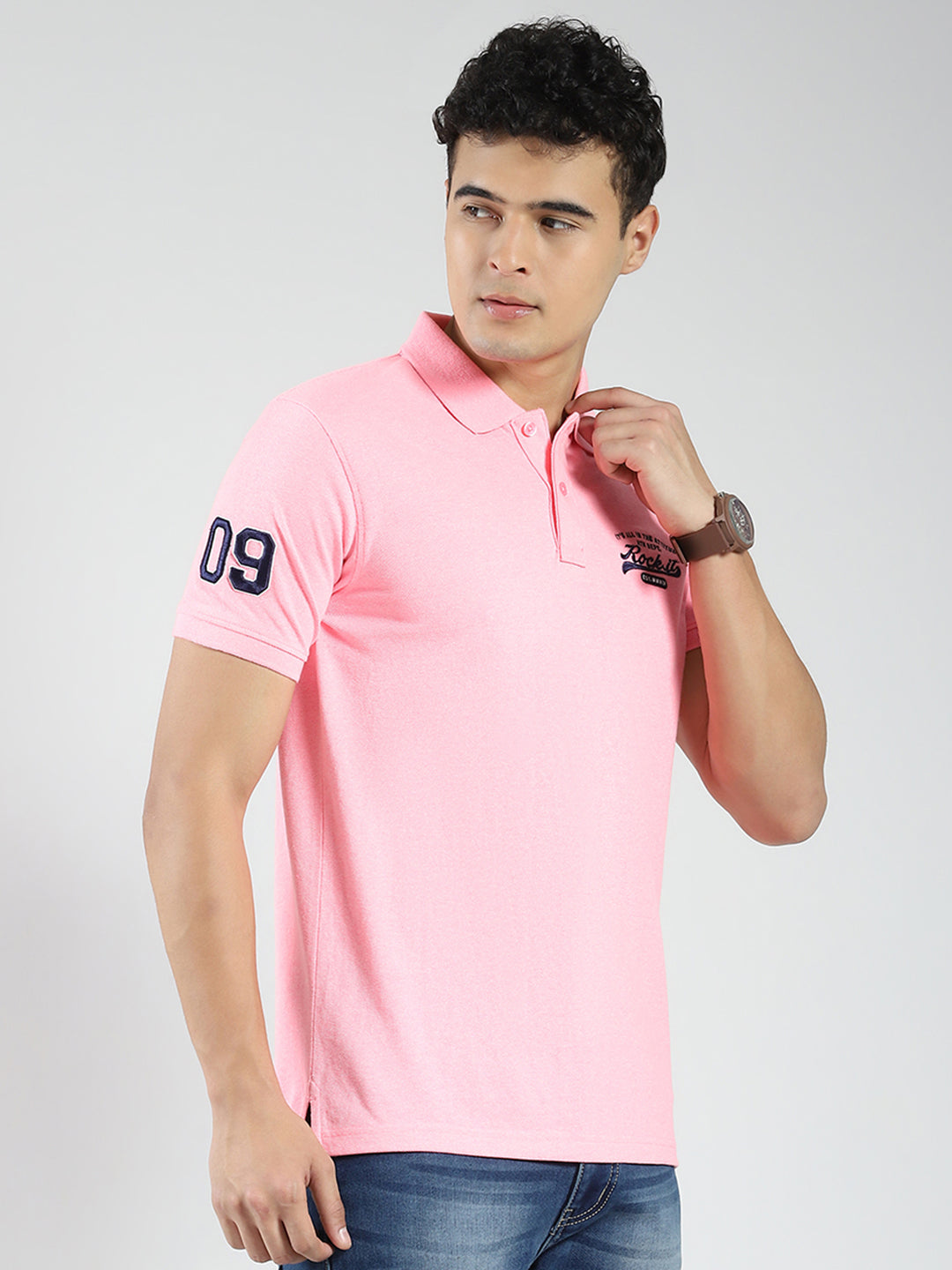 Rock.it Men Pink Solid Collar Half Sleeve T-Shirt