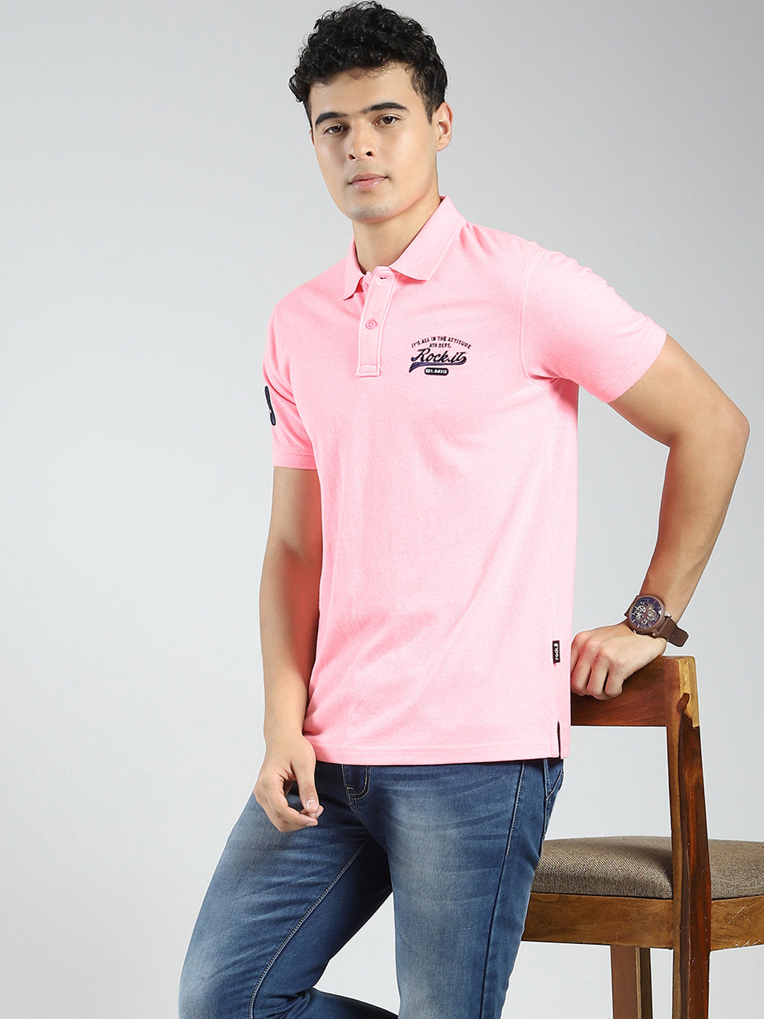 Rock.it Men Pink Solid Collar Half Sleeve T-Shirt