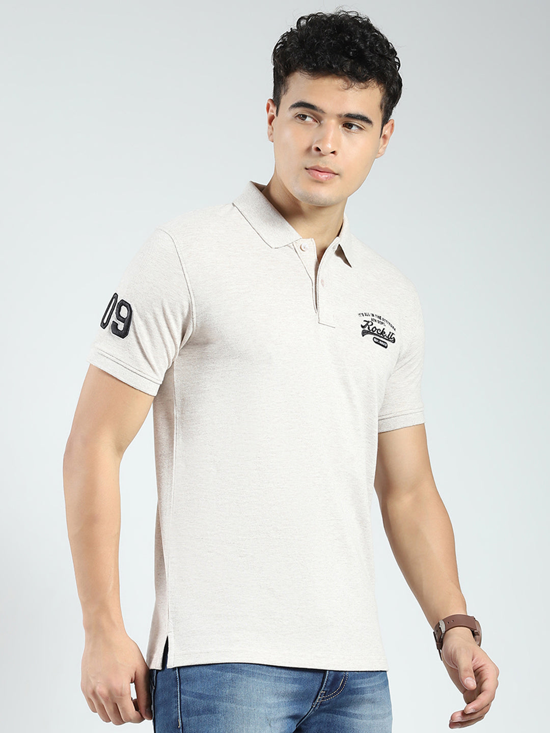 Rock.it Men Beige Solid Collar Half Sleeve T-Shirt