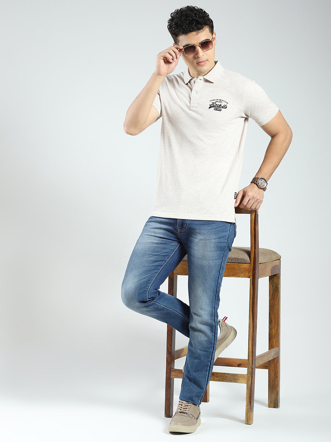 Rock.it Men Beige Solid Collar Half Sleeve T-Shirt