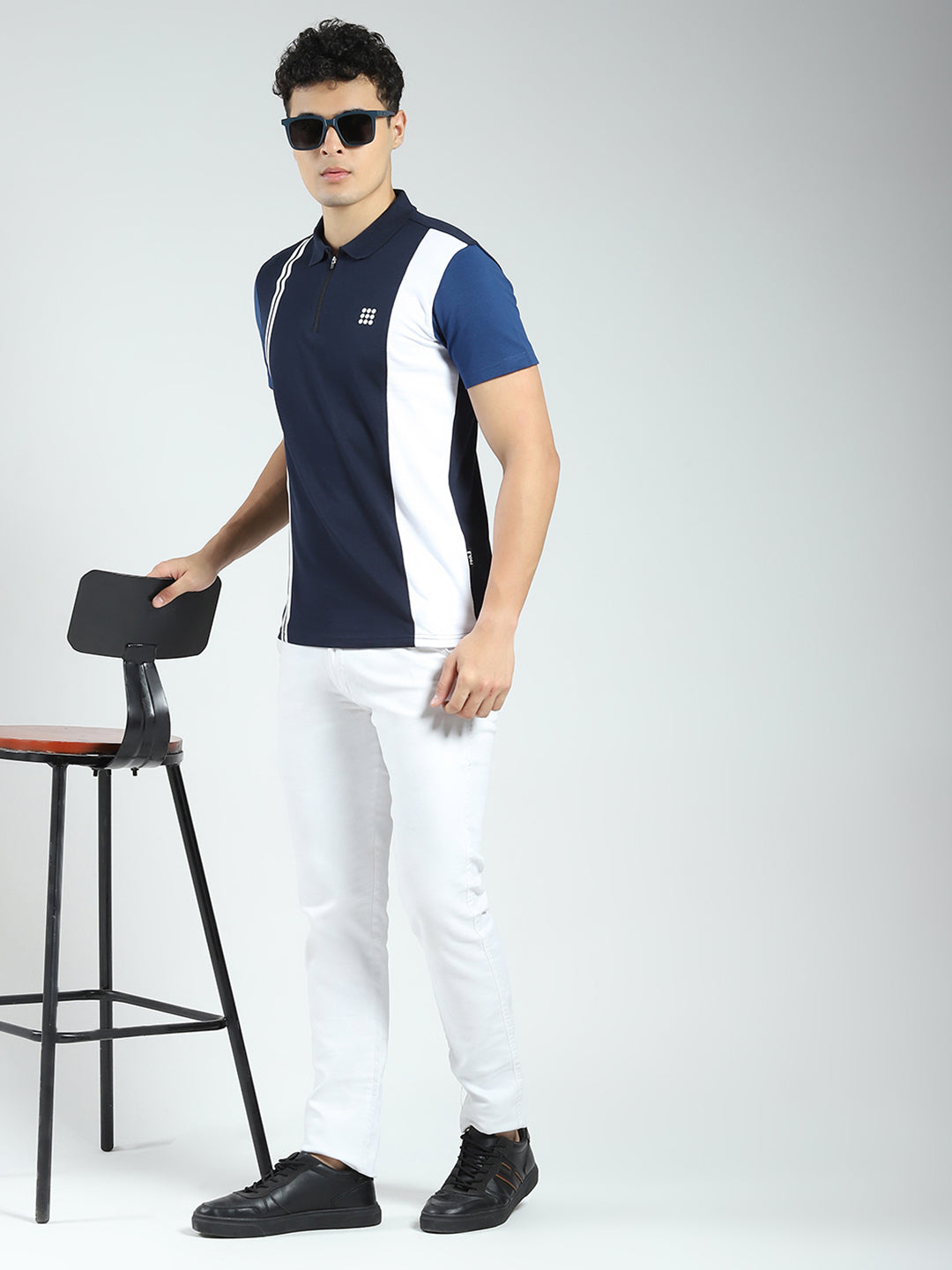 Rock.it Men Navy Blue Stripe Collar Half Sleeve T-Shirt