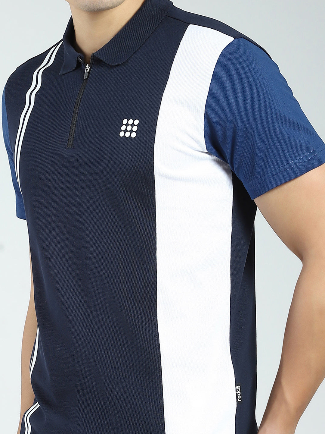 Rock.it Men Navy Blue Stripe Collar Half Sleeve T-Shirt