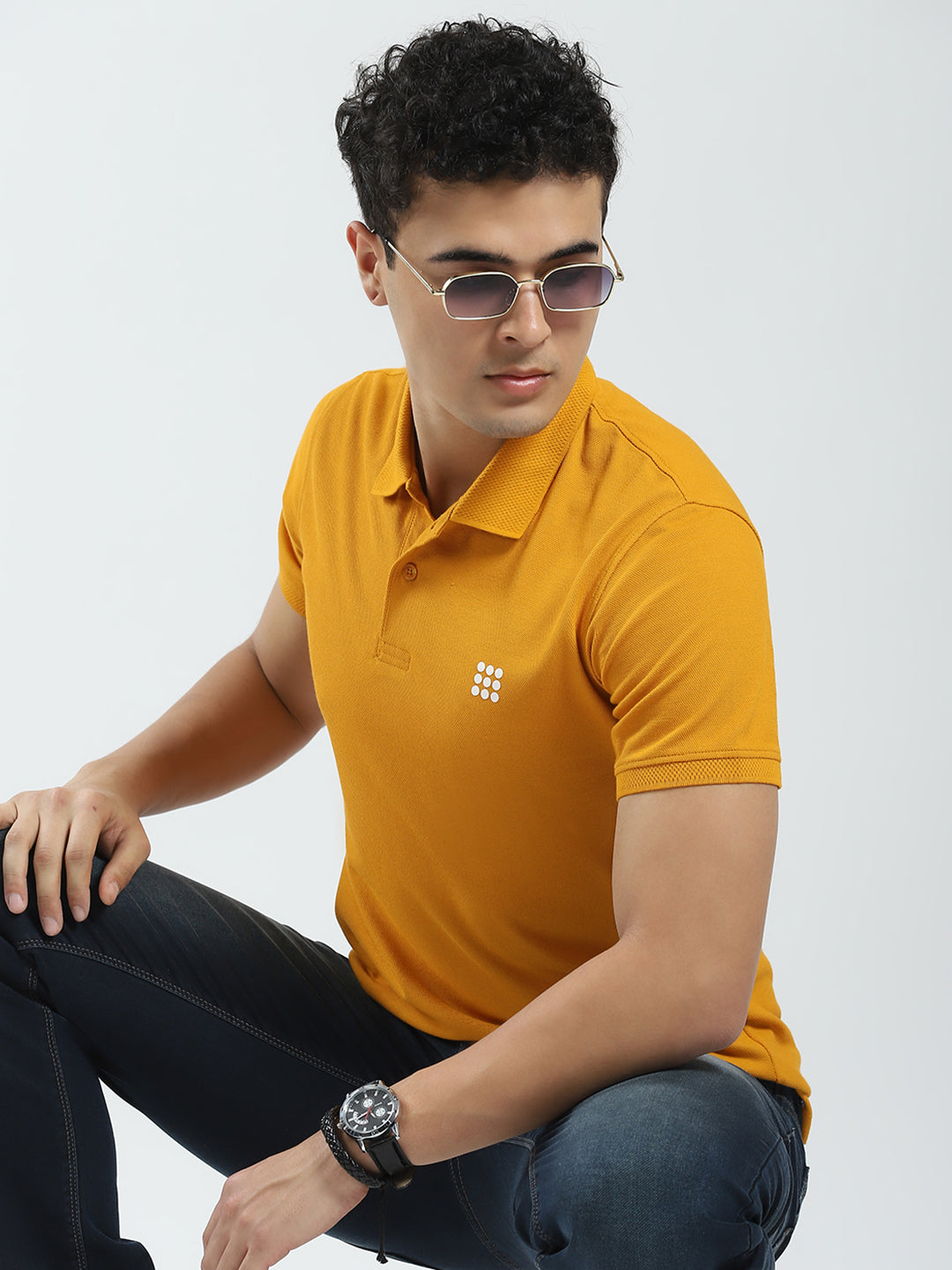 Rock.it Men Mustard Solid Collar Half Sleeve T-Shirt