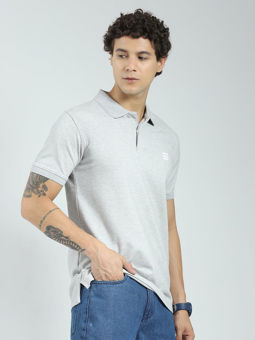 Rock.it Men Grey Solid Collar Half Sleeve T-Shirt