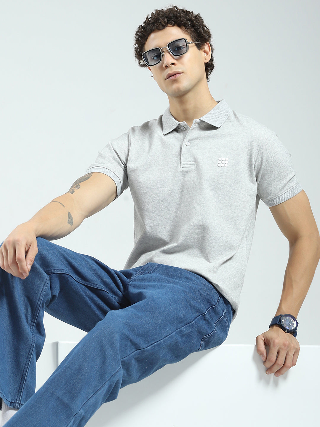 Rock.it Men Grey Solid Collar Half Sleeve T-Shirt