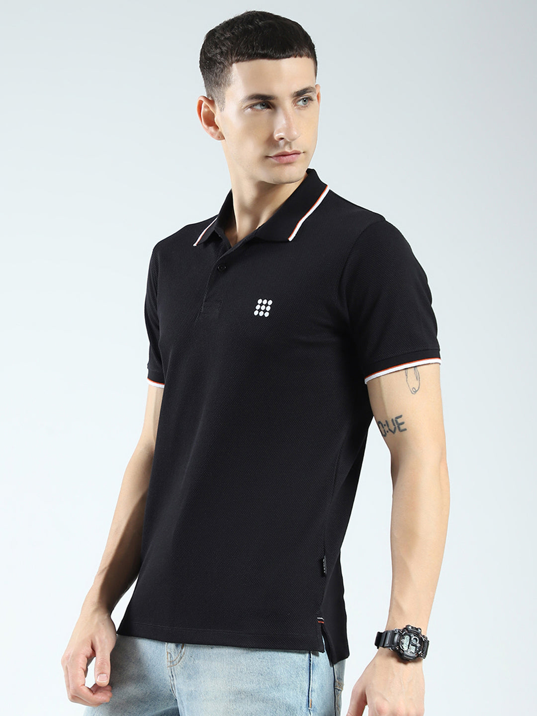 Rock.it Men Black Self Design Collar Half Sleeve T-Shirt