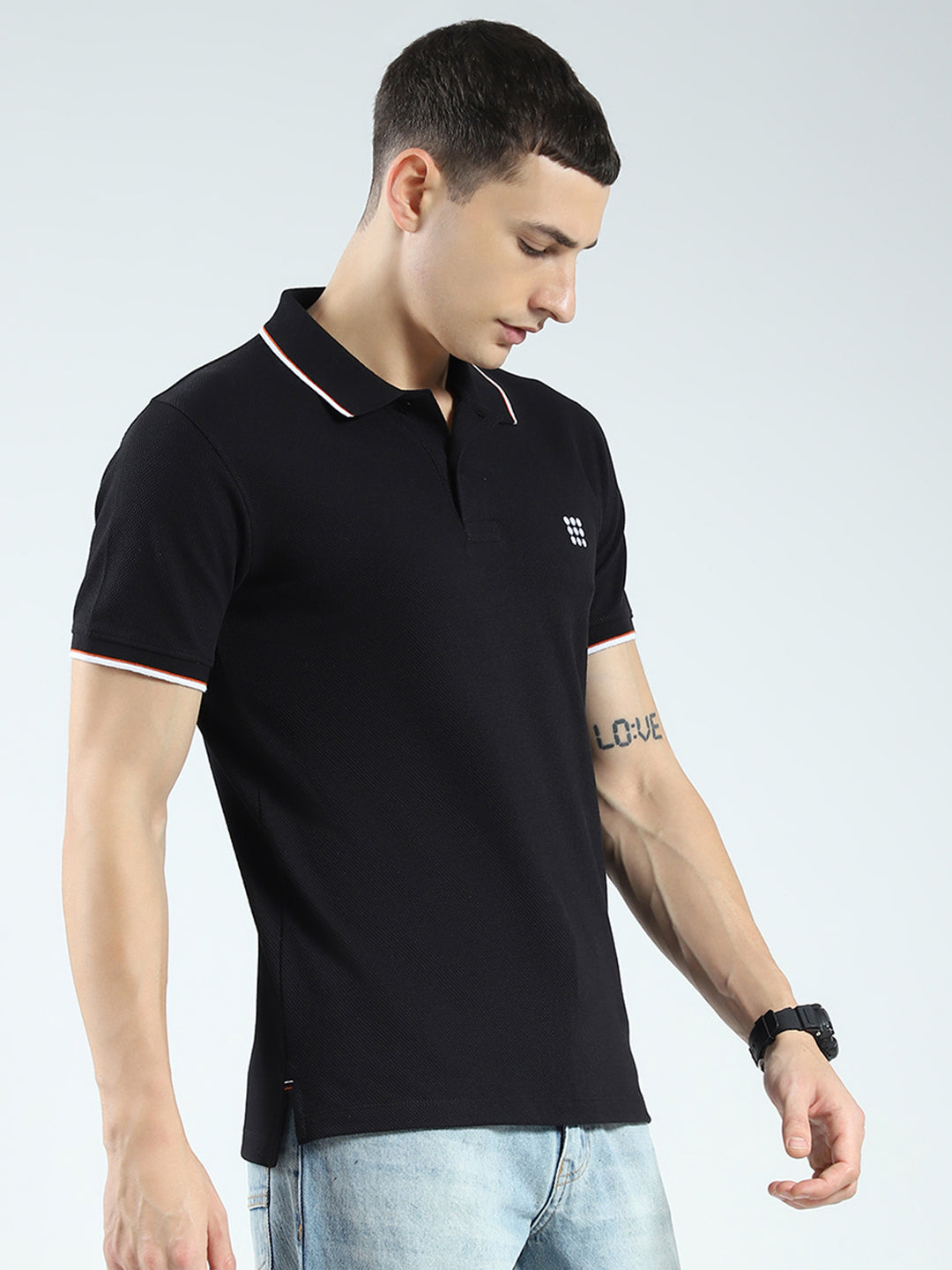 Rock.it Men Black Self Design Collar Half Sleeve T-Shirt