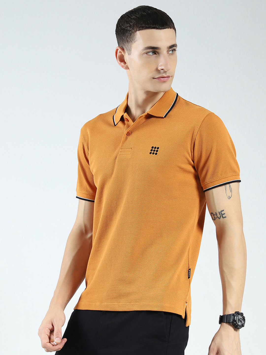 Rock.it Men Mustard Self Design Collar Half Sleeve T-Shirt