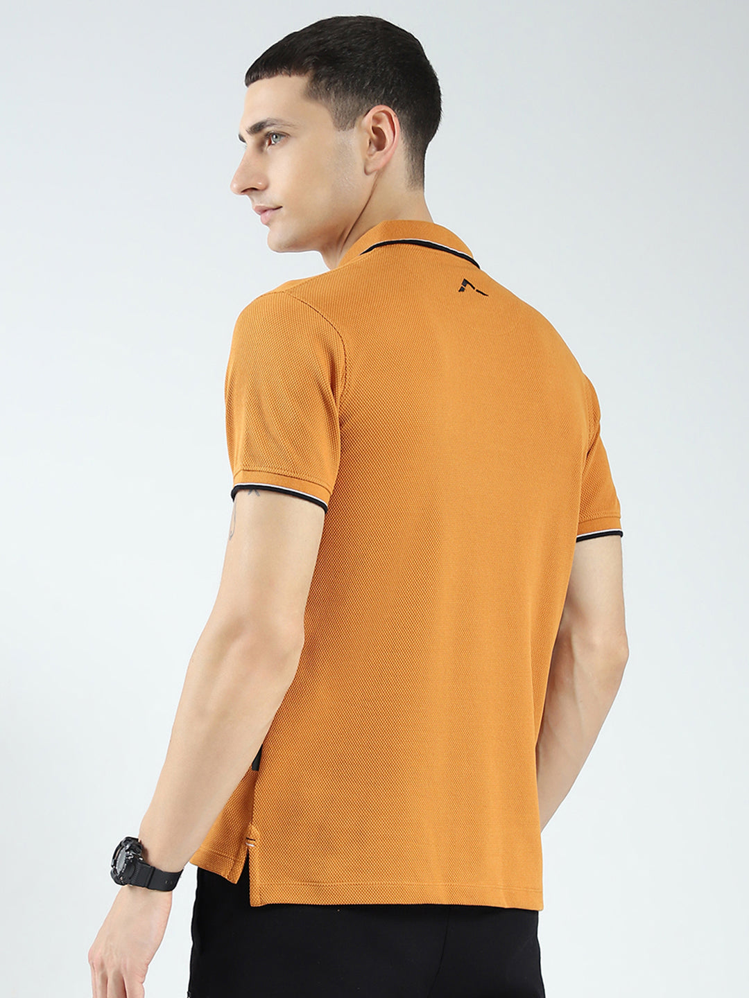Rock.it Men Mustard Self Design Collar Half Sleeve T-Shirt