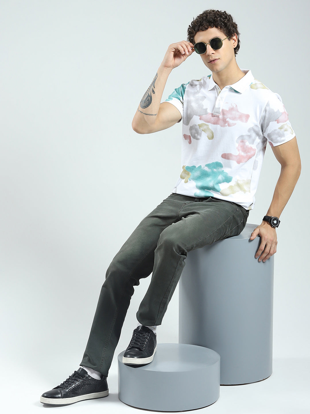 Rock.it Men White Printed Collar Half Sleeve T-Shirt